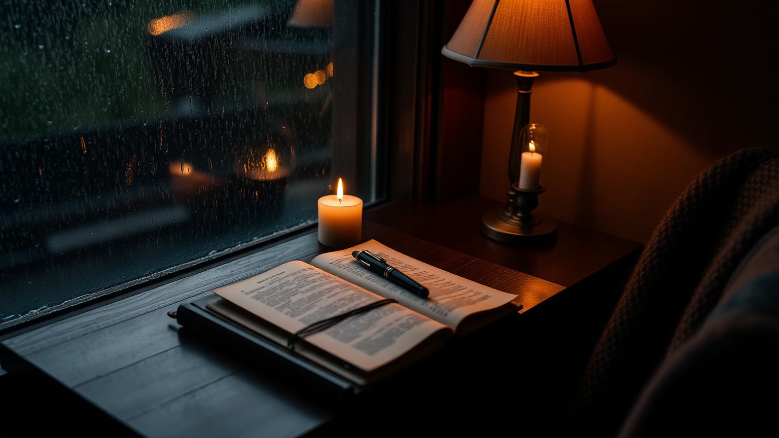 A dim reading nook with rain on the window, a candle, and an open journal